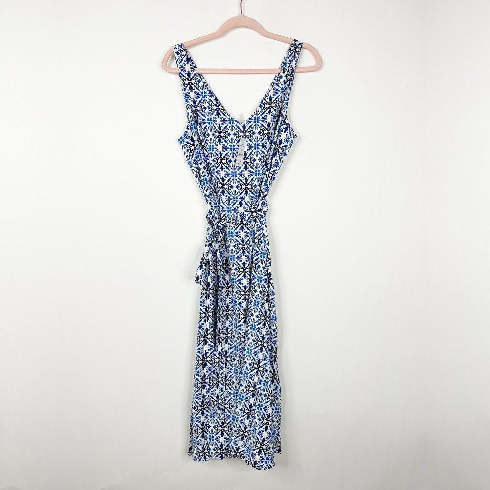 NWT White House Black Market Belted Midi Dress Graphic Tile Cobalt 0 #WHBM12 - Picture 2 of 8